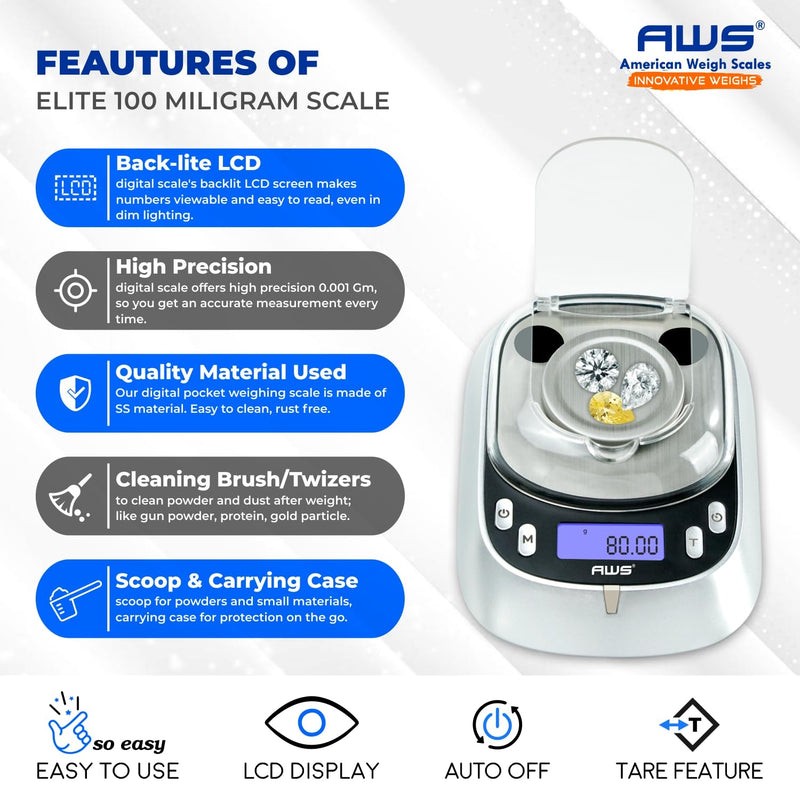 AWS Elite-100 Milligram Scale 100g x 0.001g–Digital Jewelry/Lab Scale for Powder, Gold, Gems – Includes Calibration Weights, Tweezers & Tray–Tare, Cal, 6 Units (Gemini Pro - 100g) Elite Pro - 100g