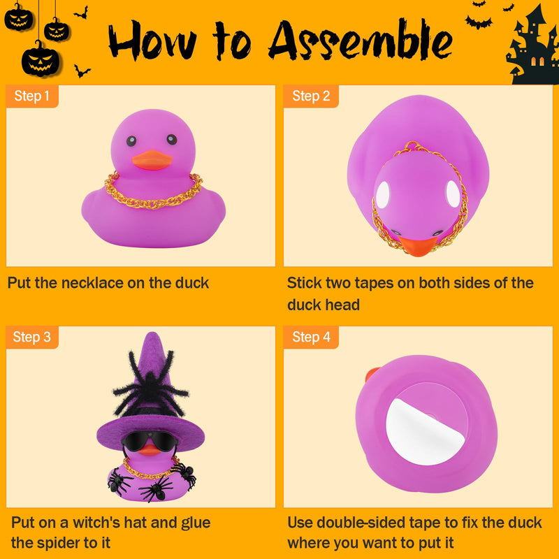 wonuu Car Dashboard Decorations Spiders Witch Rubber Ducks for Halloween, Duck for Office Desk Ornament Accessories with Hat, Glasses, Chain, Plush and Plastic Spider, Green