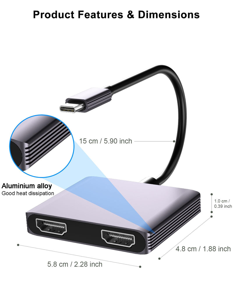 Dual Monitor Adapter - USB C to HDMI Adapter, Docking Station for Laptop, HDMI Splitter for Extended Display Gray