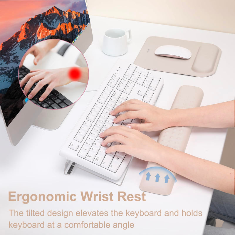 MOSISO Computer Keyboard Stand & Keyboard Wrist Rest & Mouse Pad with Wrist Rest, Ergonomic Massage Keyboard Wrist Rest Set, Easy Typing Working Acrylic Clear Keyboard Stand for Office Home, Apricot