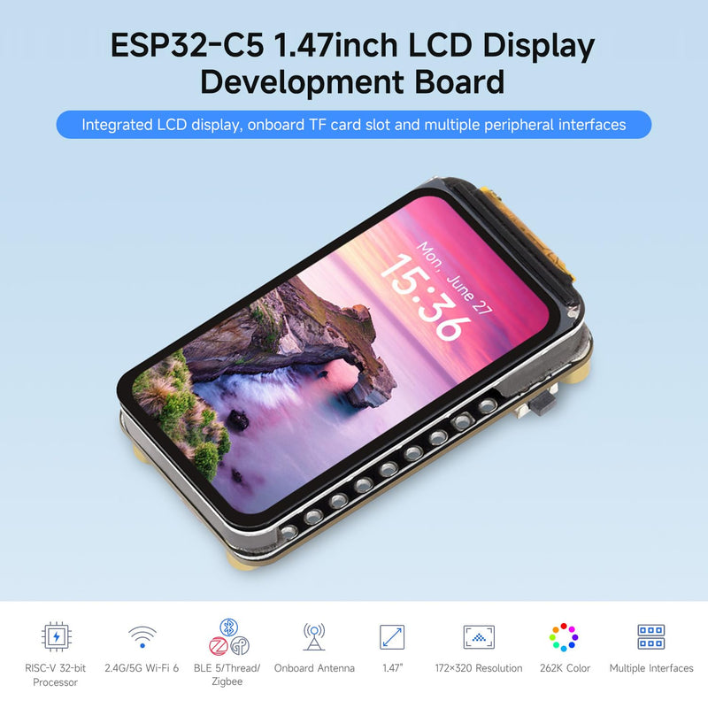 Waveshare ESP32-C5 1.47inch LCD Dev Board,172×320,with pre-soldered headers | 262K color,supports 2.4GHz/5GHz Wi-Fi 6 and BLE5,Integrated display, onboard TF card slot and multiple peripheral interfaces