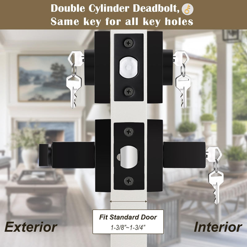 1 Pack Flat Black Square Entry Levers Locksets and Double Cylinder Deadbolts Combination Set, Heavy Duty Front Door Office Entrance Levers, Keyed Alike(All Same Keys) 1 Pack Modern Light Black