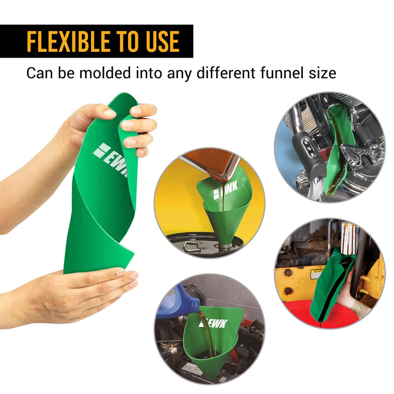 EWK Flexible Oil Funnel, Spill-Free, Reusable Moldable Funnel for Clean Oil Changes, Car & Motorcycle Maintenance, Coolant & Fluid Draining, Easy Store Roll-Up Design