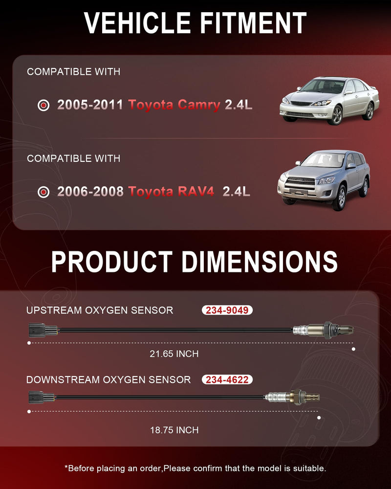 O2 Oxygen Sensor Upstream & Downstream Compatible with 2004-2011 Toyota Camry 2.4L, 2006-2008 RAV4 2.4L 234-4622 & 234-9049 Oxygen Sensors