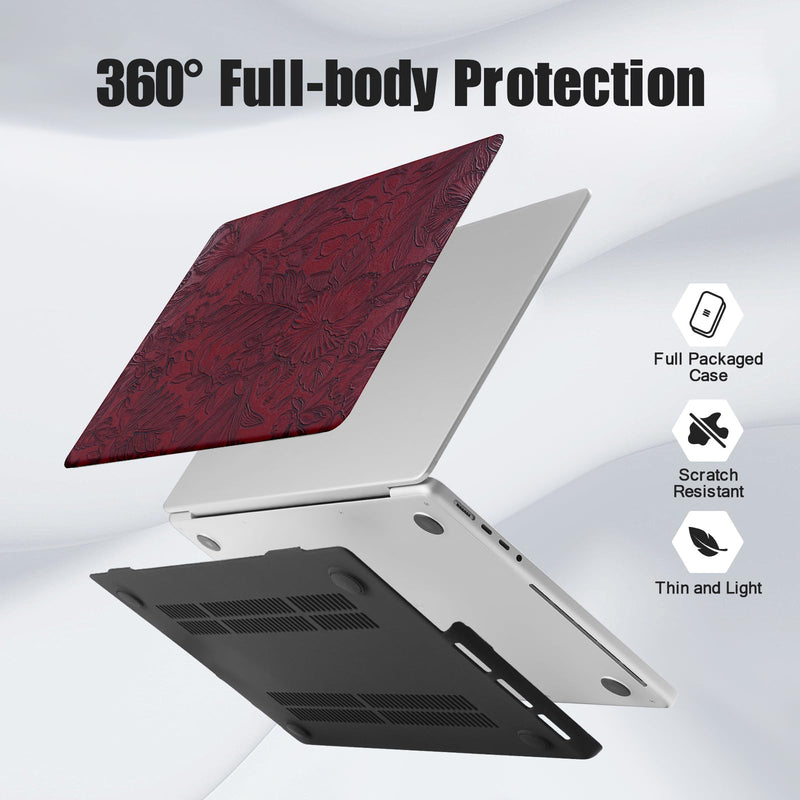 Floral Logo Cutout Case for MacBook Neo 13 inch 2026 A3404 A18 Pro Chip | Elegant Textured Mac Neo Case Retro PU Leather Hard Shell Case for MacBook Neo 2026 Case & Keyboard Cover, Deep Burgundy # Embossed Floral Burgundy