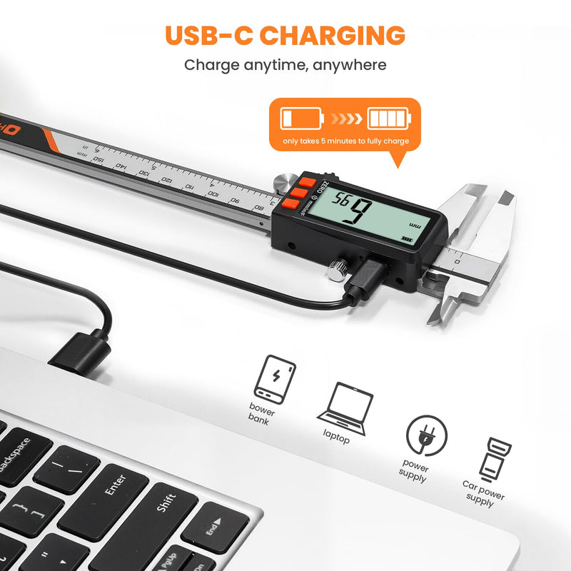 HARDELL Digital Caliper, Rechargeable Digital Caliper with Power Display, 6 inch Caliper Measuring Tool with Large LCD Screen, Digital Micrometer with MM/in/F Conversion for Jewelers/Woodworkers/DIY