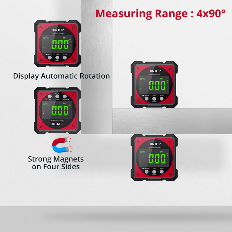 XUNTOP USB Charging Digital Angle Finder Level Box with Laser (Class 2, <1mW Output), 4-side Strong Magnetic Angle Gauge IP54 Waterproof Inclinometer Level for Hanging Decorations Woodworking Red Red-Dual Laser