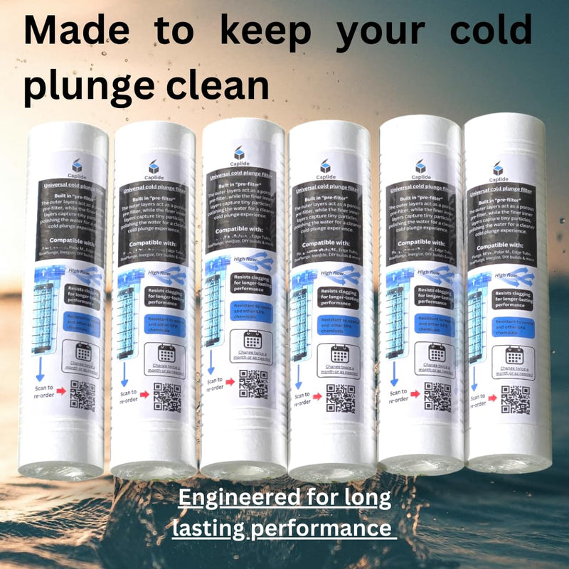 Universal Cold Plunge 30 Micron filter. Designed to be Non-clogging. Replacement cartridge for any 2.5" x 10" cold plunge canister. 6 months supply. 6-pack