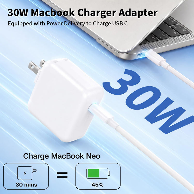 Mac Book Air Charger, 30W USB C Charger for MacBook Air 15 13 Inch M5 M4 M3 M2 M1, Fast Charging Block Plug USB C Power Adapter & 6FT USBC Cable for MacBook Neo, iPhone 17/16/15 Pro,iPad Pro/Air/Mini