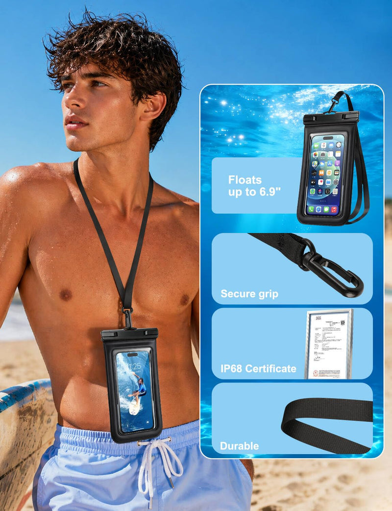 Floating Waterproof Phone Pouch 2 Pack, IP68 Dry bag Case for 6.9" Phones | Waterproof Phone Case,Floats in Water&Touchscreen,Underwater Shooting,Fits iPhone/Samsung,for Snorkeling,Beach,Kayak, Cruise 6.9 inch, 2 Pcs Waterproof Pouch