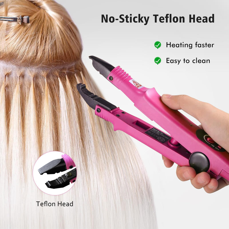 janelove Professional Hair Extensions Iron, Fusion Heat Connector, Pre Bonded Hair Extensions Iron Kit Tool, UK Plug, 210°F-390°F Temperature Adjust (Pink)