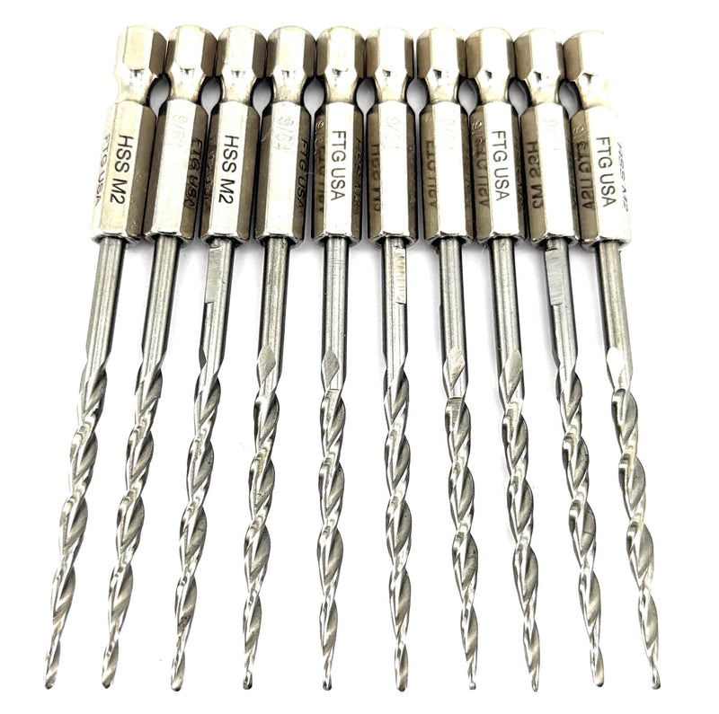 FTG USA 10 Pc #6 (9/64") Parabolic Flute Tapered Replacement Drill Bits, Case Same Sort 10 Pc
