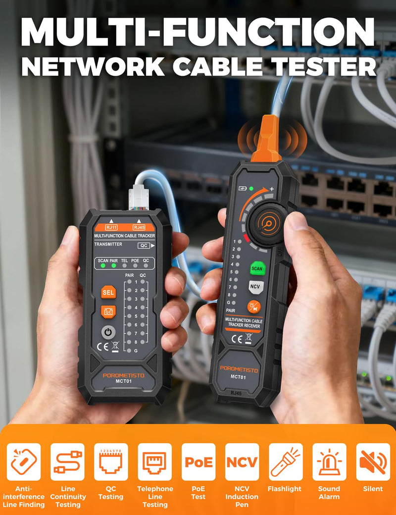 MCT01 4-in-1 Network Cable Tester – POROMETISTO Ethernet Tester with PoE, NCV, Tone Tracing & Flashlight, RJ11 RJ45 Wire Tracer for Cat5/Cat6 Continuity, Telephone Line Polarity, Electrician Tool Kit