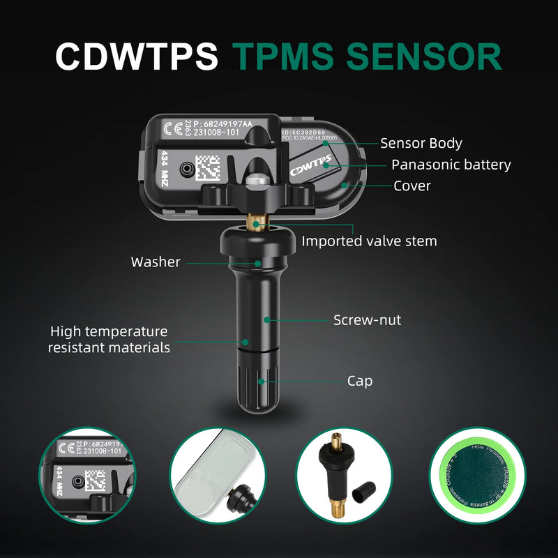 TPMS Sensor Dodge, 4-Pack 434MHz Tire Pressure Monitor Sensors Compatible with Dodge RAM Jeep Cherokee Replace#68249197AA.68239720AA.68157568AA.68239720AB.68239720AC.68324960AA.68239729AA
