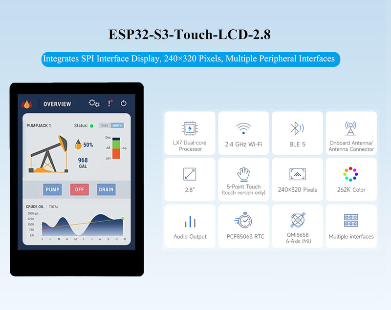 ESP32-S3 2.8inch Display Development Board, 240×320, IPS Screen, 32-bit LX7 Dual-Core Processor, Up to 240MHz Frequency, Supports WiFi & Bluetooth, with Onboard Antenna, ESP32 with Display (No Touch)