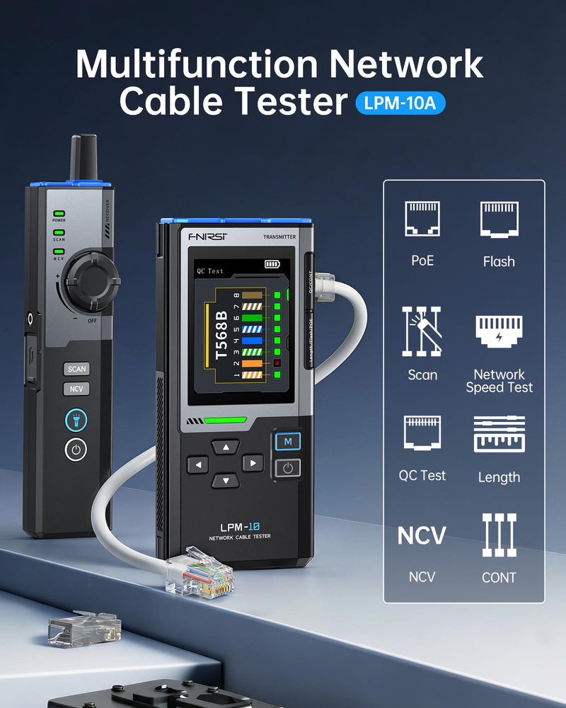 FNIRSI LPM-10A Ethernet Tester, Network Cable Tester Kit for CAT5 CAT6 RJ11 RJ45, Wire Tracer & Cable Toner, PoE/NCV/Length Test, Rechargeable Ethernet Cable Tester