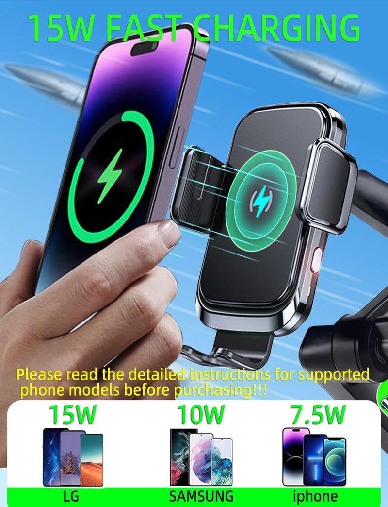 Truck Phone Holder Mount Wireless Charger Heavy Duty for Car 15W Smart Fast Charging 14 inch Long Arm Pickup Truck Windshield and Dashboard,Truck Accessories,for iPhone Samsung LG black--Wireless Charger