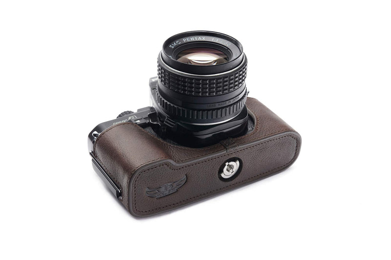 Pentax Super A Case, BolinUS Handmade Genuine Real Leather Half Camera Case Bag Cover for Pentax Super A Camera with Hand Strap (Coffee) Coffee