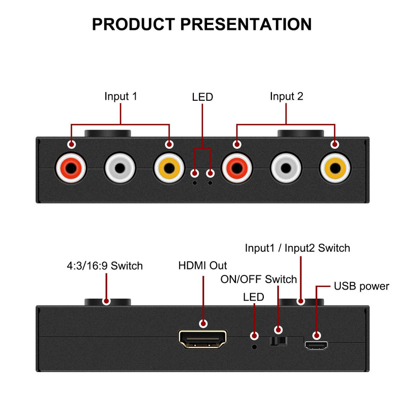 2 RCA to HDMI, 1080P 2 Way RCA Composite CVBS AV Switch to HDMI Video Audio Converter Adapter Supporting 4:3/16:9, for PC Laptop Xbox PS2 PS3 N64 NGC SNES WII VHS VCR Camera DVD 2 Way RCA Converter