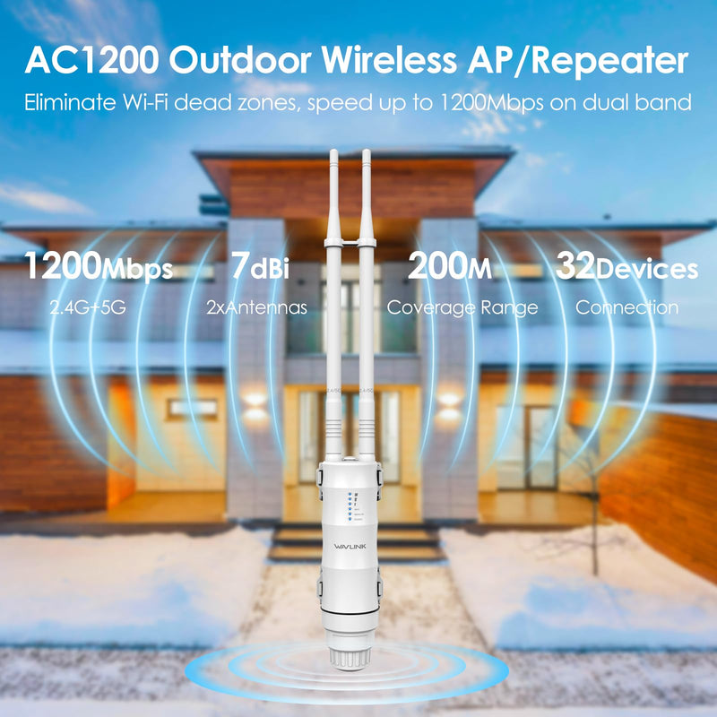 WAVLINK AC1200 Outdoor Long Range WiFi Extender/Wireless Access Point with Active/Passive POE,WAN/LAN Port,IP67 Waterproof, Dual Band 5G+2.4G, 2x7dBi Antennas,Supports Router/AP/Repeater Modes AC1200 Active/Passive