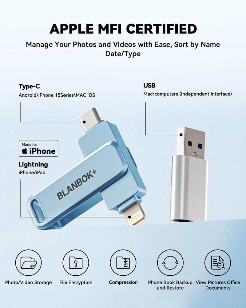MFi Certified 256GB iPhone Photo Stick, High-Speed USB Flash Drive Memory Storage for Video Backup, Compatible for iPhone/iPad/Android/PC (Blue) Blue 256 GB