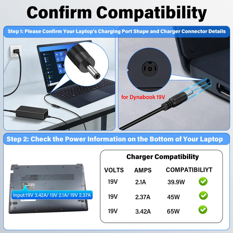 19V Laptop Charger Replacement Fit for Dynabook Satellite Pro C50-E C50-H | Power Cord AC Adapter for Dynabook Satellite Pro C50-J C50-K C40-H C40-G C40-J C30-K C50D-B E10-S1 E10-S2 R50-EC C40D-B-104