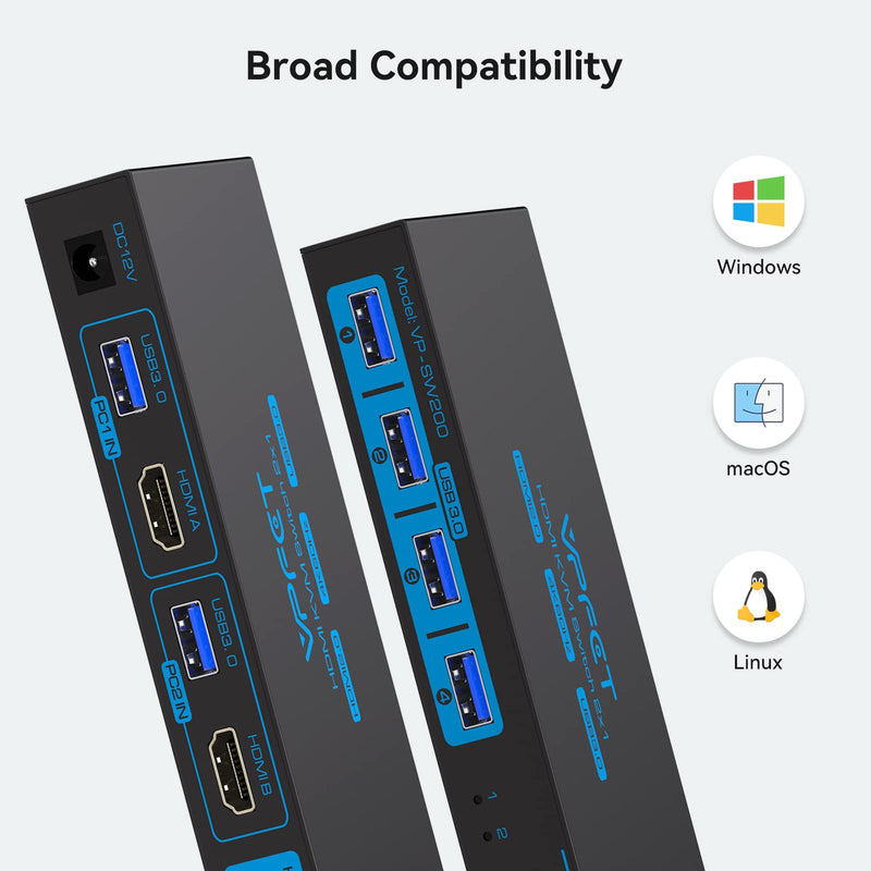 USB 3.0 HDMI KVM Switch 1 Monitors 2 Computers 4K60Hz KVM Switches 2 Ports for 2 PC Share Single Monitor and Keyboard Mouse Printer with Desktop Controller and 2 USB Cables Deep Blue 2 PC 1 Monitors