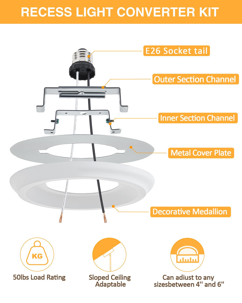 Luvkczc 2-Pack Recessed Can Light Conversion Kit for 5" and 6" Ceiling Fixtures - Pendant/Hanging Light Upgrade, Includes E26 Socket, Mounting Bracket, Round Ceiling Plate（White） White 2pcs