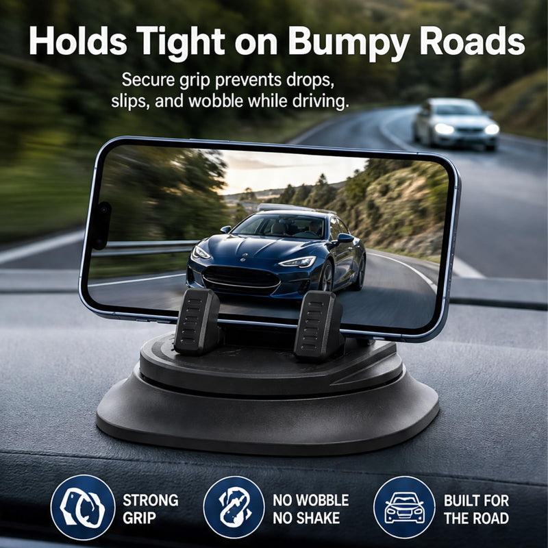 Adhesive Dashboard Car Phone Holder 360 Degree Rotation, Anti-Slip Silicone Base & Spring Clip for Hands-Free Navigation, Compatible with iPhone and Android Phones 4-7 Inches, Black black-with Adhesive Silicone Base