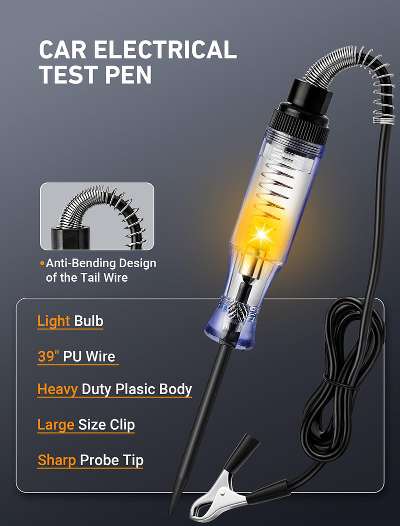 Test Light Automotive, Circuit Tester 6V-12V-24V DC Car Electrical Test Pen with Alligator Clip and Long Steel Probe, Continuity Voltage Fuse Tester for Sedan, SUV, RV and Truck