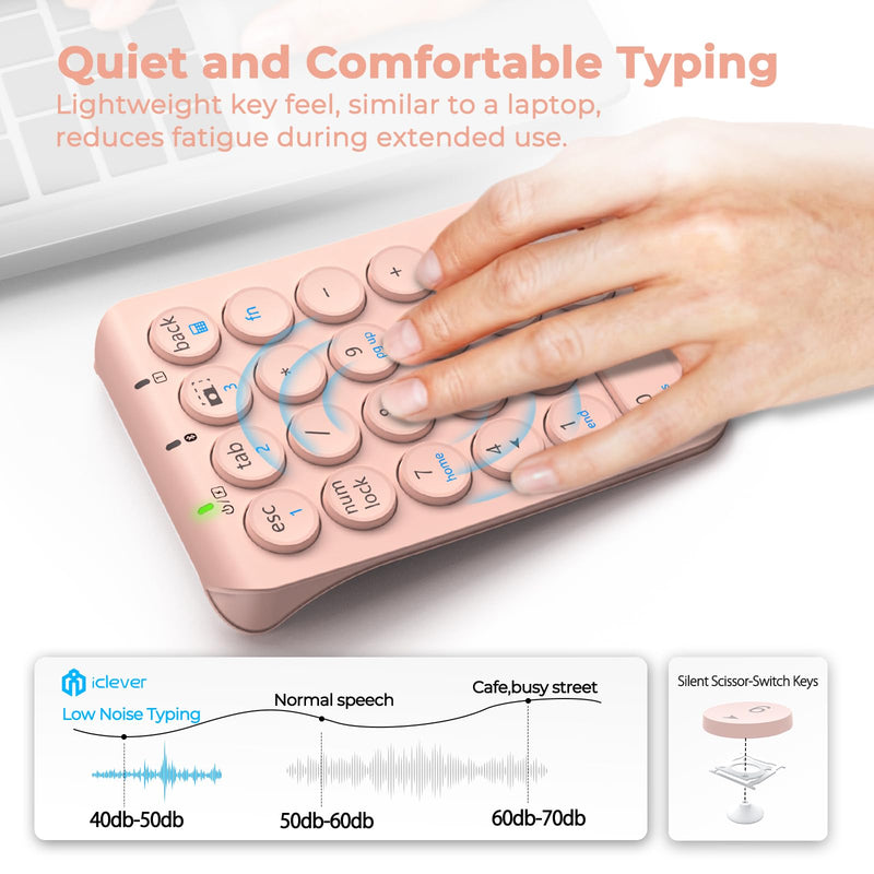 iClever Bluetooth Number Pad, Portable 22-Key Wireless Numeric Keypad, Pink | 3-Device Switching, Round Keys, USB-C Rechargeable, Custom Shortcut Stickers, Mini Numpad for MacBook, Laptop, PC & Surface