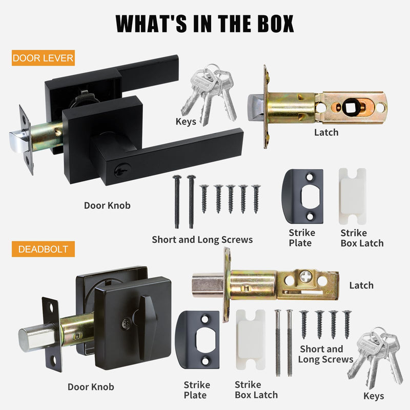 JO.KO Keyed Entry Door Handle and Single Cylinder Deadbolt Door Locks,Matte Black Front Door Handle and Deadbolt Set,Heavy Duty Exterior Door Lever for Office and Home 1 Key 1 Combo 1 Pack