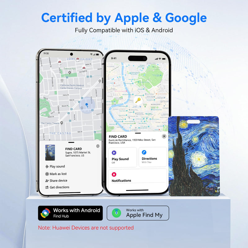 DERAX Wallet Tracker Card (iOS & Android) Wireless Charging & 1-Year Battery, Ultra-Thin IP68 Waterproof Smart Card Works with Apple Find My & Google Find My Device for Wallet, Passport, Luggage