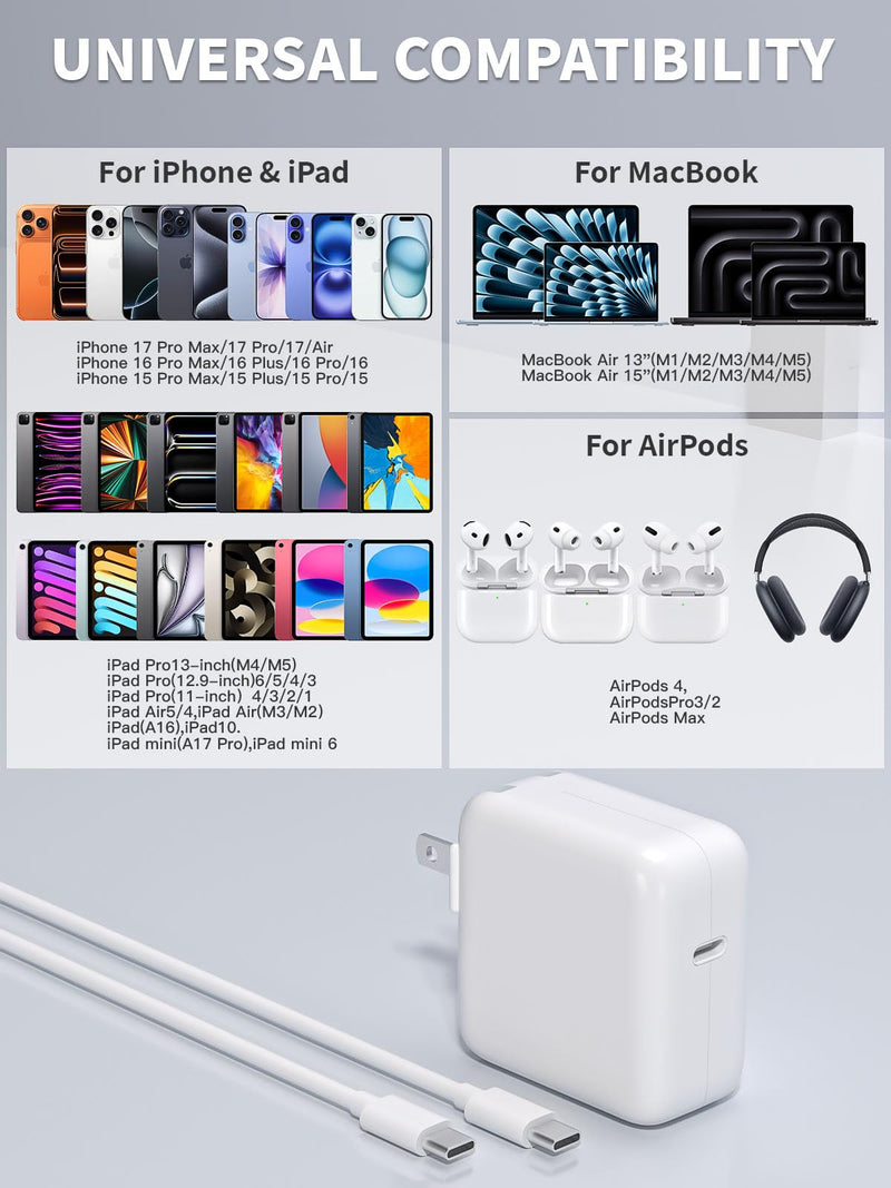 Mac Book Air Charger,Apple 30W USB C Power Adapter With 10FT USB C-C Cable, Foldable Block Macbook USB C Charger Fast Charging for Macbook Air M5/M4/M3/M2/M1,iPhone 17 Pro Max/16 Pro/15, iPad/Air/Mini