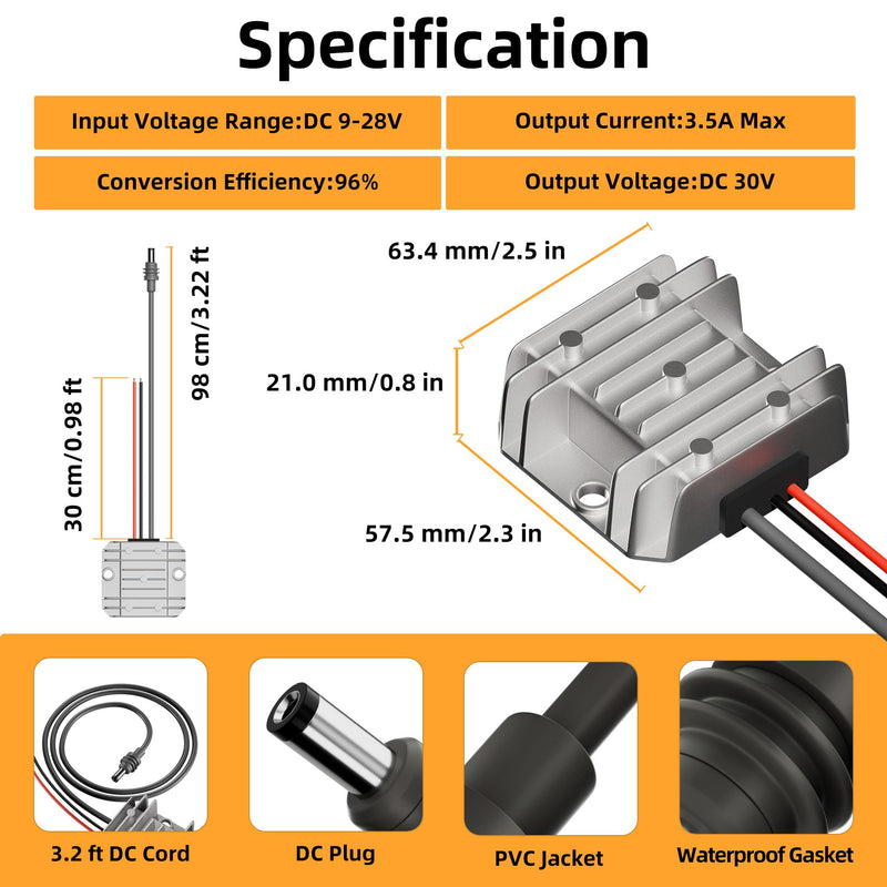 Starlink Mini Step Up Power Cable 12V/24V to 30V 3.5A Converter with DC Power Cable, 9V to 28V Input DC Step-Up Power Adapter Cord for Starlink Mini Without Plug