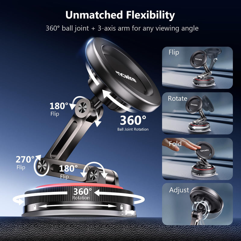 SYNCWIRE for MagSafe Car Mount [3-Axis] Nano Adhesive Gel + Strong Suction Cup Magnetic Phone Holder for Dashboard & Windshield, 360° Adjustable for iPhone 17 16 15 14 13 12, Samsung, Matte Black 3-Axis | Black