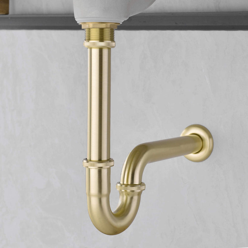 Brass P Trap, 1 1/4 Bathroom Basin Sink Waste Trap Drain Kit with Flange and Slip Joint Extension Tube Drain Tailpiece, Adjustable Height, Brushed Gold Brass Finish