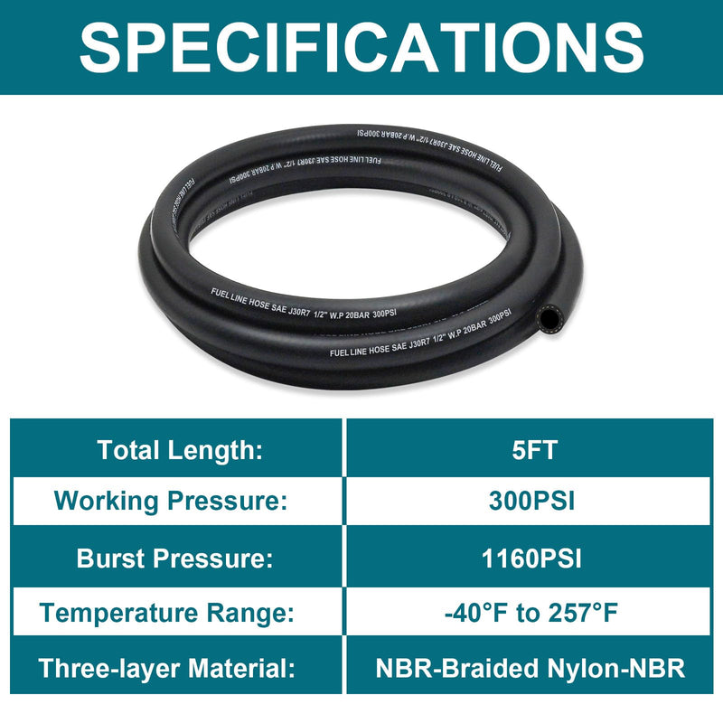 3/8 Fuel Line, NBR Rubber 3/8 Fuel Hose Nylon Braided, Fuel Line Hose for Automotive Vehicles(5FT) 3/8 ID (5FT)