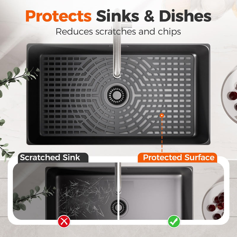 Snuggery Silicone Sink Protector 28"x15" Center Drain Hole, Heat Resistant Non-slip Dishwasher Suitable, Large Mat for Bottom of Farmhouse Kitchen Stainless Steel Sink(Grey) 28x15 center