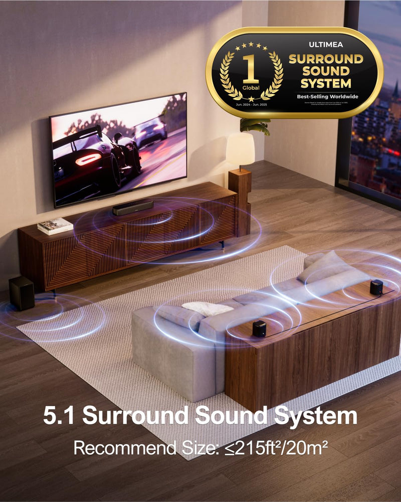 ULTIMEA 5.1ch Sound Bar with Subwoofer, Home Theater Virtual Surround Sound System for TV, Soundbar with App Control, 2 Surround Speakers, Opt/AUX, Peak Power 250W, Aura A30 U2501