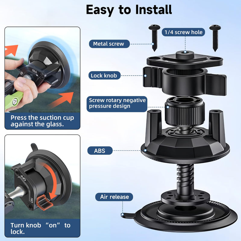 HEMMOTOP Suction Cup Car Phone Holder, 12in, Metal | Vibration Resistance, Heavy Duty, 360° Rotation, Strong Suction for Windshield, for iPhone All Smartphone & Cars Truck Clamp