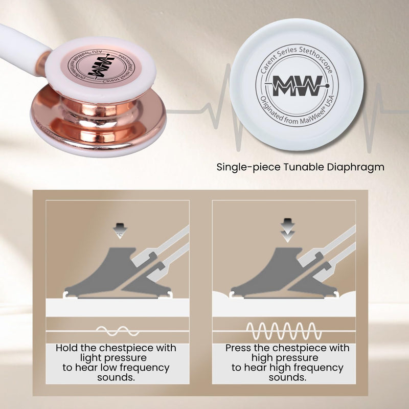 MaiWieel-Classic Monitoring Stethoscope Professional Dual Head Rose Gold Stethoscopes For Nurse,Doctor,Vet,Home Medical,EMT,Double-Sided Stainless Chestpiece,Flexible Tubing & Soft Sealing Eartips(White Gold) Rose Golden-White