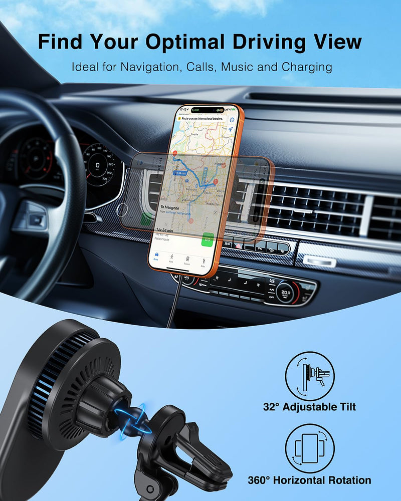 Qi2.2 25W Magnetic Vent Mount Car Charger with TEC Cooling Fan | Strong Magnetic Hold, 360° Adjustable Viewing, Wireless Air Vent Mount with 45W PD Adapter & USB-C Cable, for iPhone 12-17
