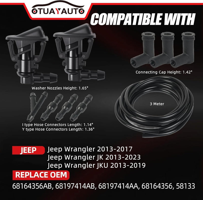 OTUAYAUTO Windshield Wiper Nozzle Fluid Hose Kit, Direct Replacement for Jeep Wrangler 2013-2017, Jeep Wrangler JK 2018-2023 – Washer Fluid Jets & Rubber Tube Hose, Replaces 68164356AB, 68197414AB Replace for Jeep Wrangler Washer Nozzles Hose Kit