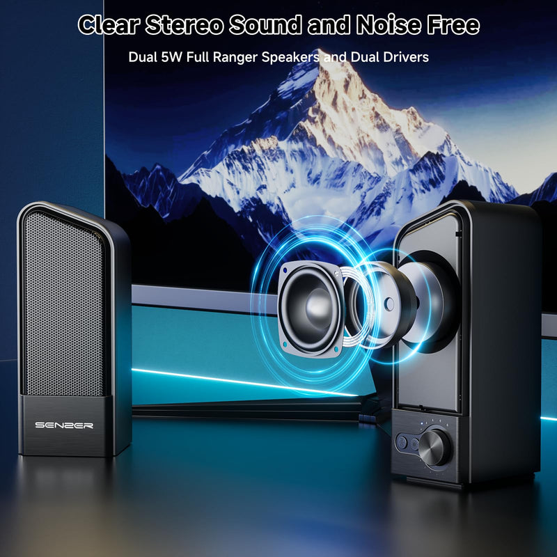 SENZER CS20 2 in 1 Bluetooth Computer Speakers for Desktop, USB Plug & Play Clear Sound PC Speakers with RGB Light, Monitor Sound Bar with Volume Knob, Gaming Speaker for PC Laptop Phone Tablet Black