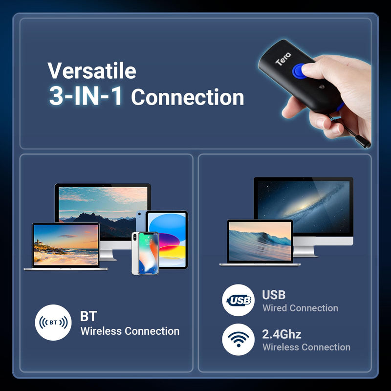 Tera Mini 1D Barcode Scanner: Pocket Waterproof Wireless Laser Scanner 3 in 1 Compatible with Bluetooth USB Wired Portable Bar Code Reader for Supermarket Logistics Work with iOS Windows Android 1100L 1D Laser Blue