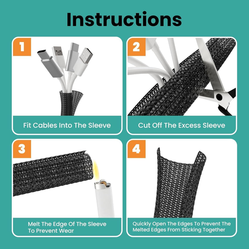 Cable Management Sleeve 10ft, 1/2 Inch PET Expandable Braided Cord Protector for Home Office TV Computer Desk, Wire Loom Organizer for USB Audio Video Ethernet Cables, Black
