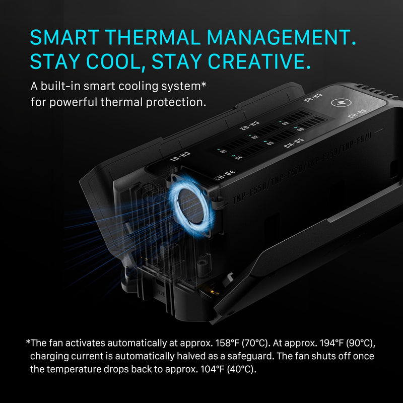 Tilta Foldable Charging Station for L-Series/NP-F | 6 Channel NP-F550, NP-F970, NP-F750 Multi-Slot Battery Charger | Smart TFT Color Display Dock | Active Cooling Thermal Management Protection - Black Single Charger