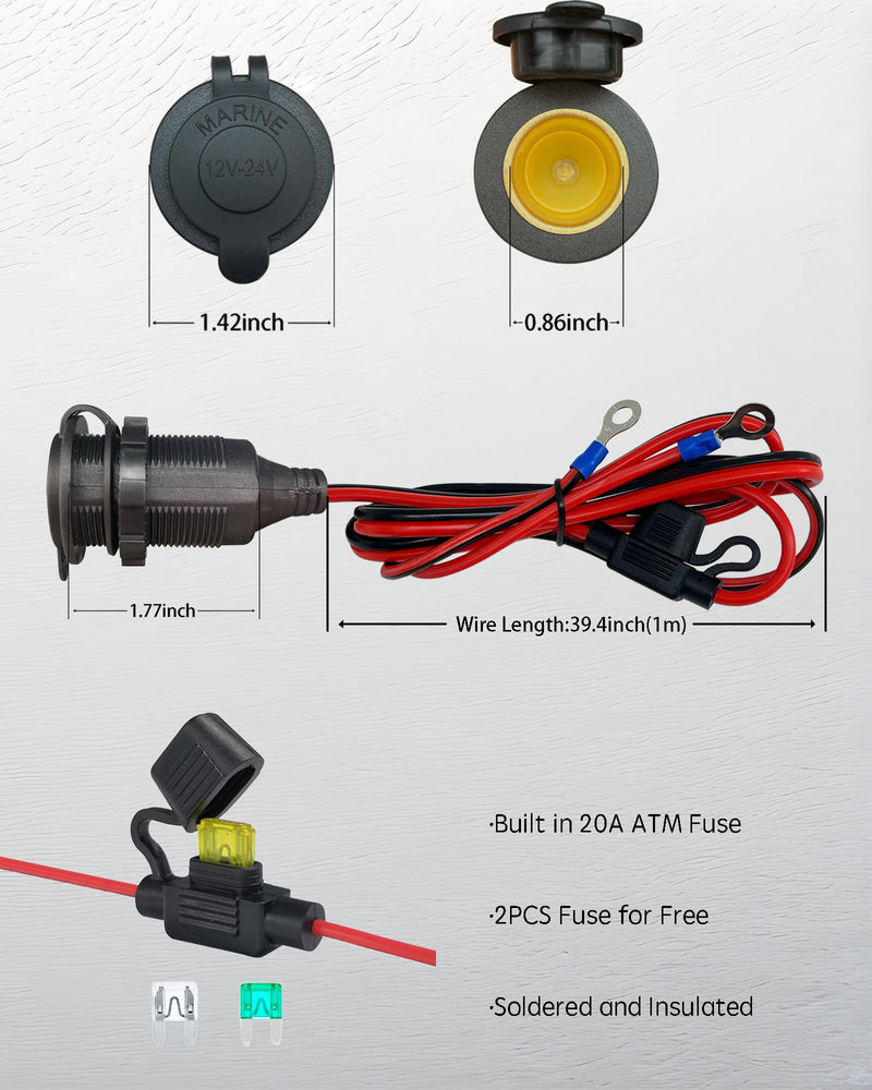 3FT 12V Fixed Thread Cigarette Lighter Socket Extension Cable, 12V Waterproof Outlet Socket Replacement 13AWG Heavy Duty Cable