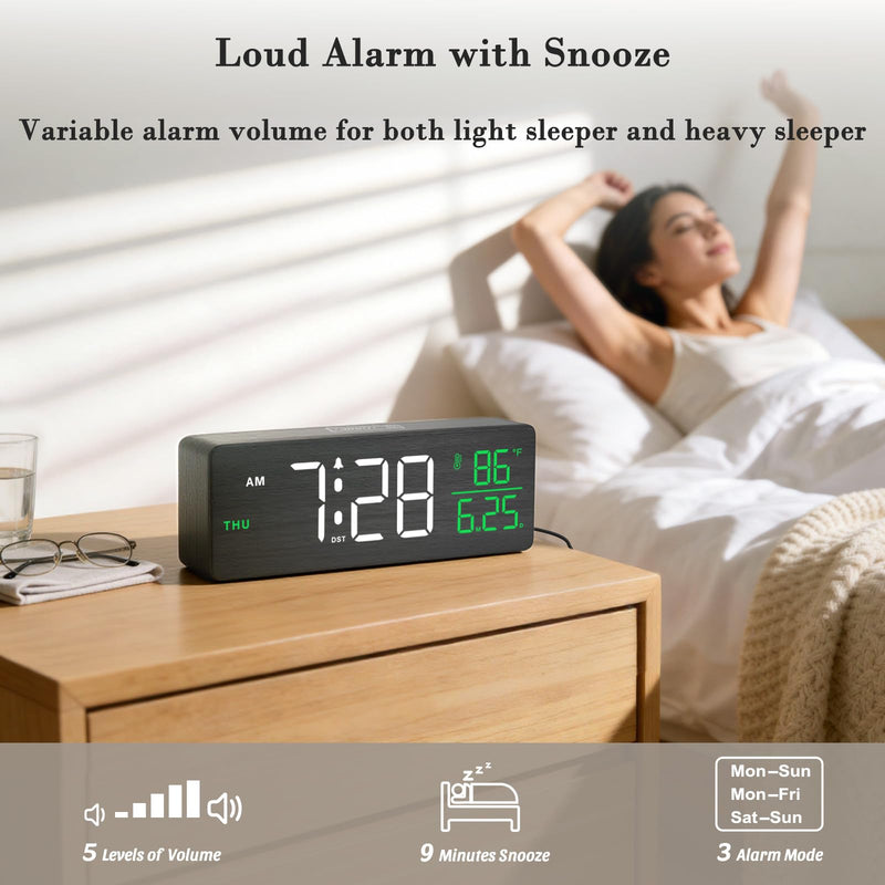 DreamSky Wooden Digital Alarm Clocks for Bedrooms – Large Display Desk Clock with Date & Day of Week for Living Room, Temperature, Dimmer, Adjustable Volume, Auto DST, Office Wood Décor (Plug-in) Black-white-green (Plug-in)